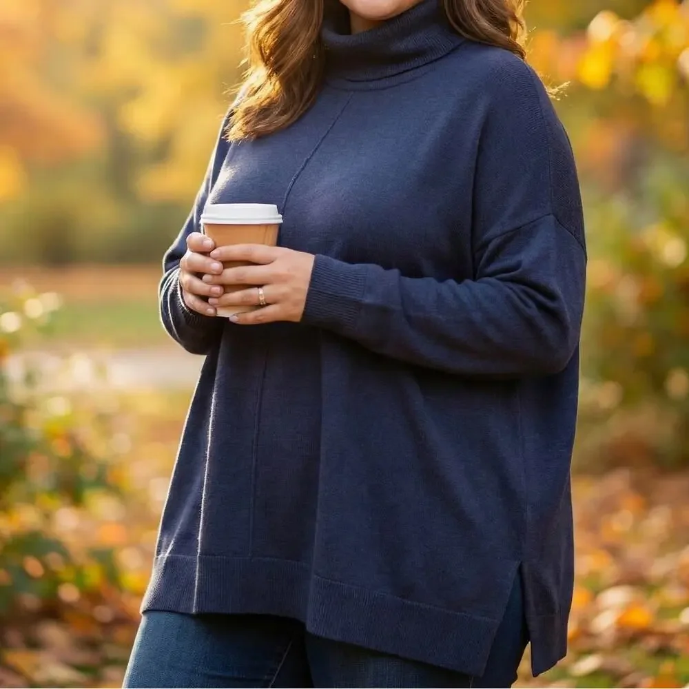Eileen Fisher NEW 2X Merino jersey cowl neck sweater dark navy blue 100% wool - Picture 1 of 5